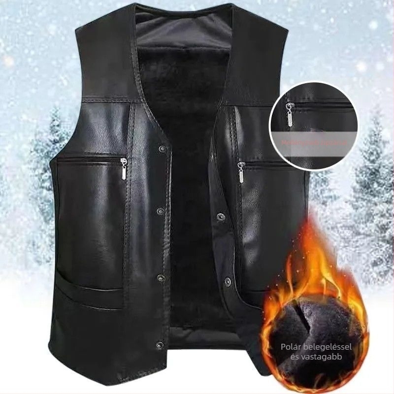 Férfi fleece mellény téli melegen vastagított kivitelben, gallér nélküli, lazább szabás, előről záródó egy sor gombbal, három patch zsebbel