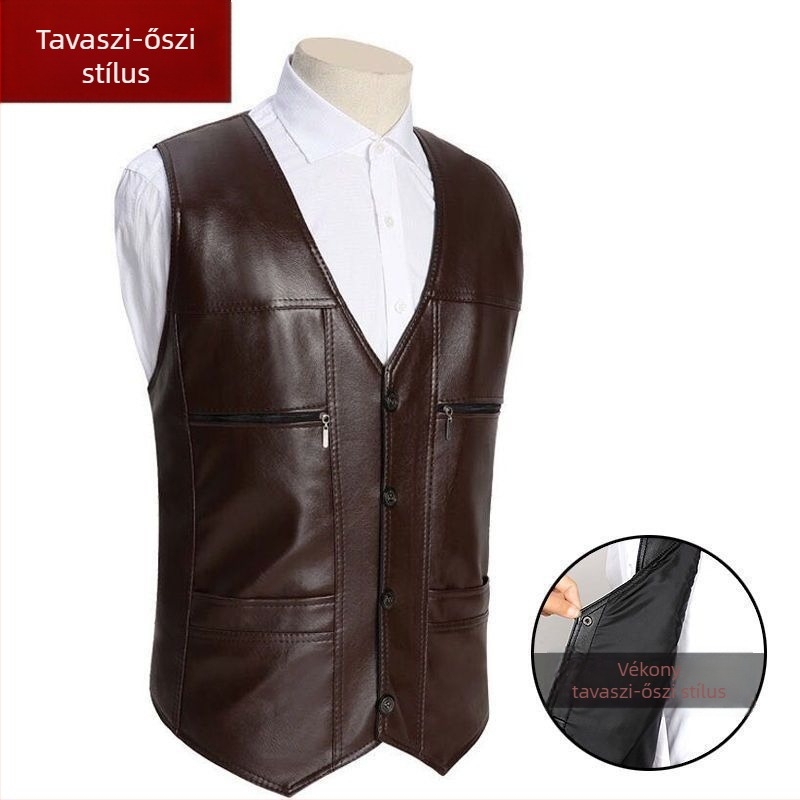 Férfi fleece mellény téli melegen vastagított kivitelben, gallér nélküli, lazább szabás, előről záródó egy sor gombbal, három patch zsebbel