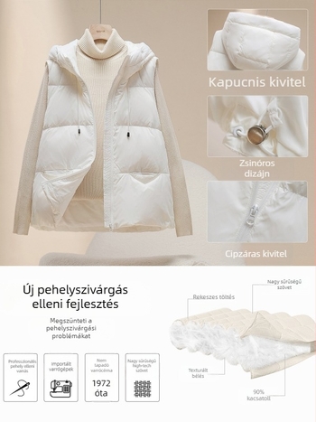 Duck Duck 2025 Női Tollmellény – Könnyű őszi-téli viselet, nylon külső, V-nyak, egyszínű, cipzárral