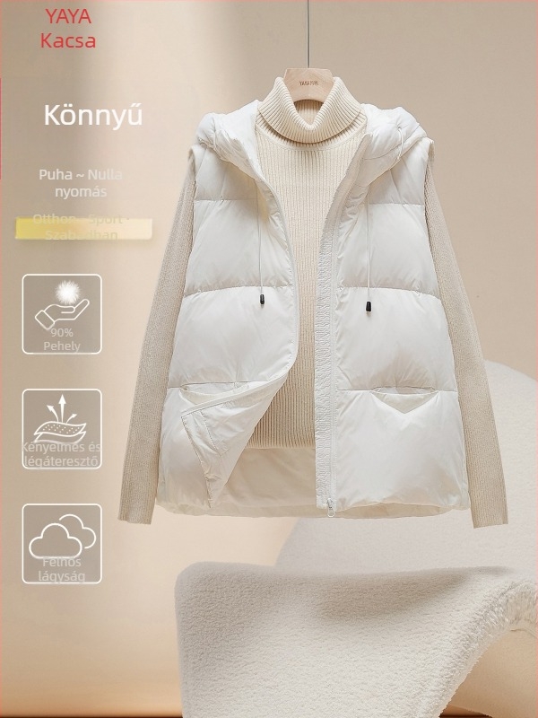 Duck Duck 2025 Női Tollmellény – Könnyű őszi-téli viselet, nylon külső, V-nyak, egyszínű, cipzárral