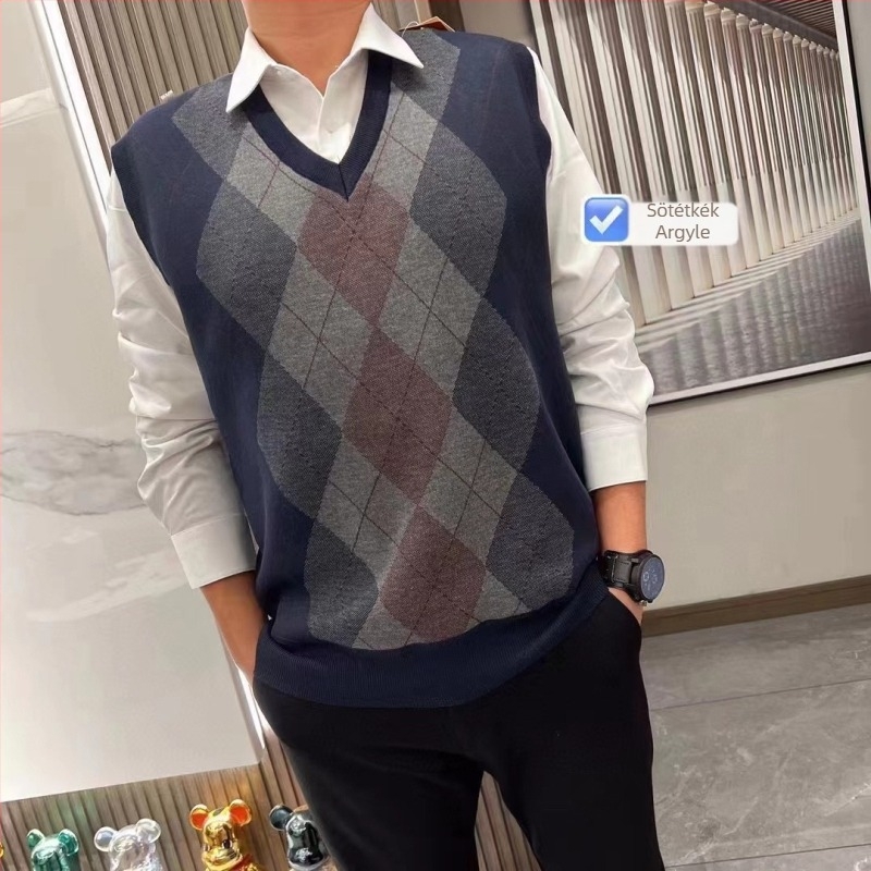 Férfi fleece-mellény V-nyakkal, színblokkolt minta, 69% kasmír keverék, pamut bélés, laza szabás, koreai stílus, téli viselet