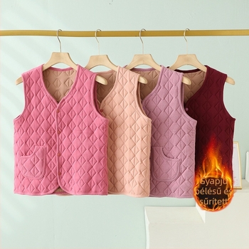 Női fleece-béléses mellény ősz-télre, laza szabás, V-nyak, zsebek