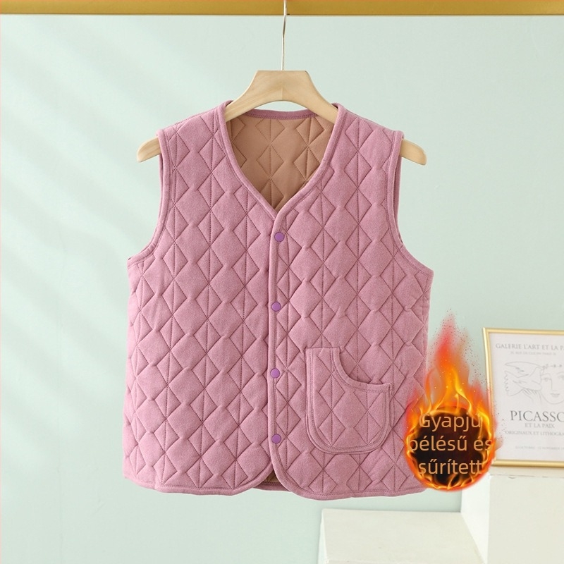 Női fleece-béléses mellény ősz-télre, laza szabás, V-nyak, zsebek