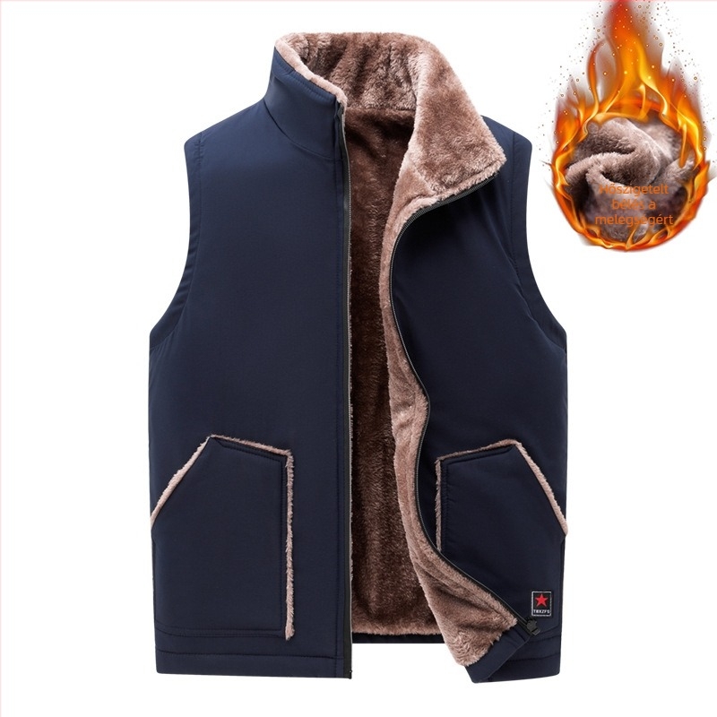 Férfi mellény fleece-béléssel, álló gallérral, cipzárral, oldalsó zsebekkel, poliészter anyag