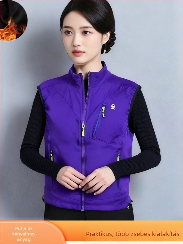 Női állógalléros, fleece-belelt Soft Shell mellény szabadban futáshoz