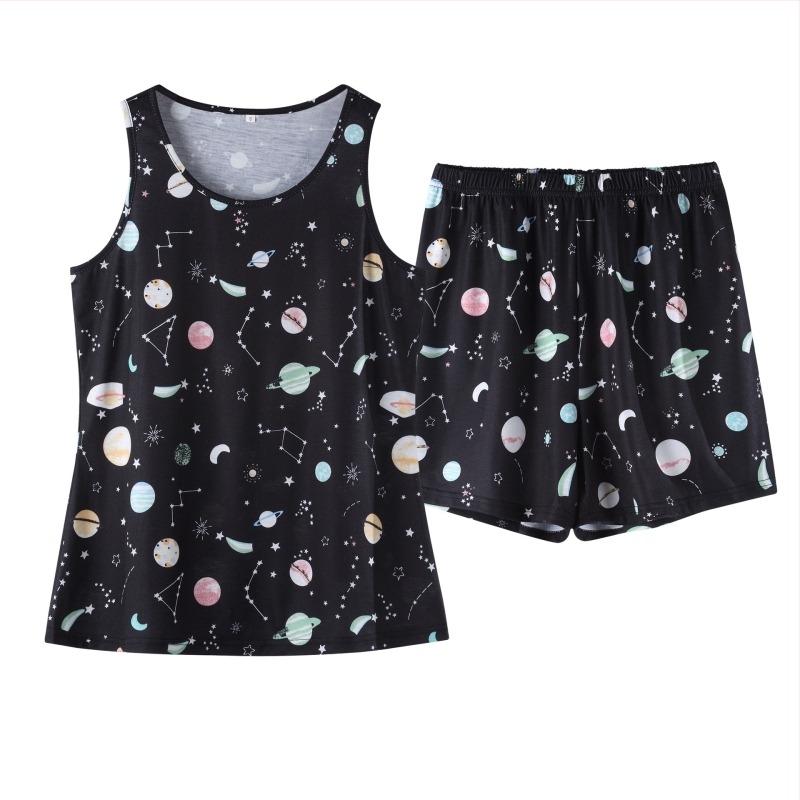 Női ujjatlan top és háromnegyedes nadrág készlet, Cosmic Starry Sky mintával - Poliészter + Spandex, Nyomtatás, Nyár 2024