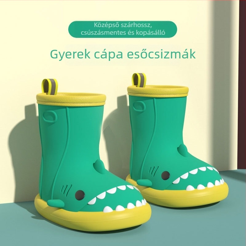 Cápa mintás gyerek esőcsizma, csúszásmentes puha talpú, középmagas szárú, karikatúra dizájn