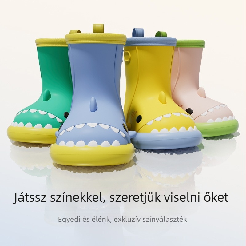 Cápa mintás gyerek esőcsizma, csúszásmentes puha talpú, középmagas szárú, karikatúra dizájn