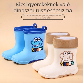 Gyerekeknek készült esőcsizma PVC felsőrésszel, sík sarok, középső cső magasságú, injekciós öntésű talp, egy darabból álló konstrukció