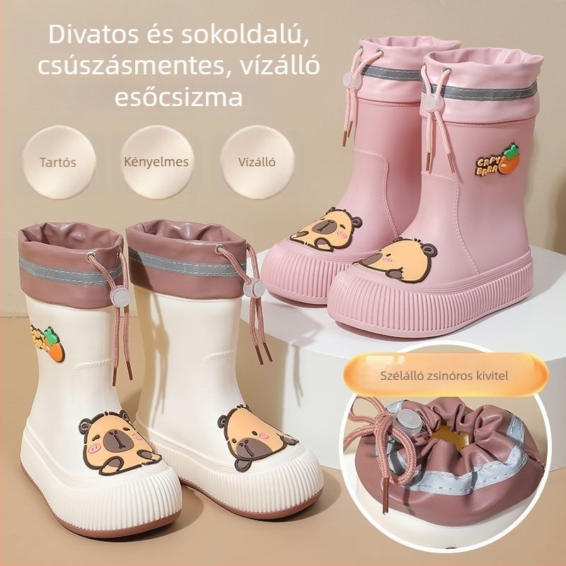 Capybara gyerekeknek készült esőcsizmák általános iskolásoknak – divatos, aranyos, vízálló, csúszásmentes, alacsony-középső szárú kivitel