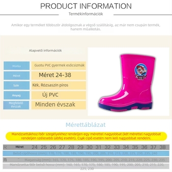 Gyerekeknek készült magas talpú esőcsizma, csúszásmentes talppal és meleg fleece béléssel