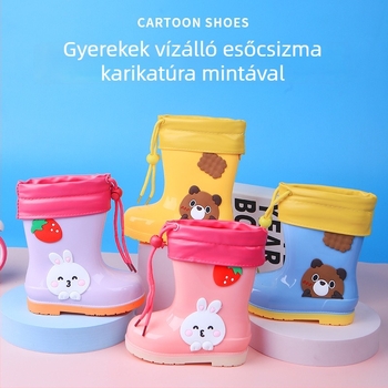 Gyermekeknek készült esőcsizma, Cartoon mintával, vízálló, PVC felső rész, alacsony sarka 1–3 cm, lábszárig érő magasság