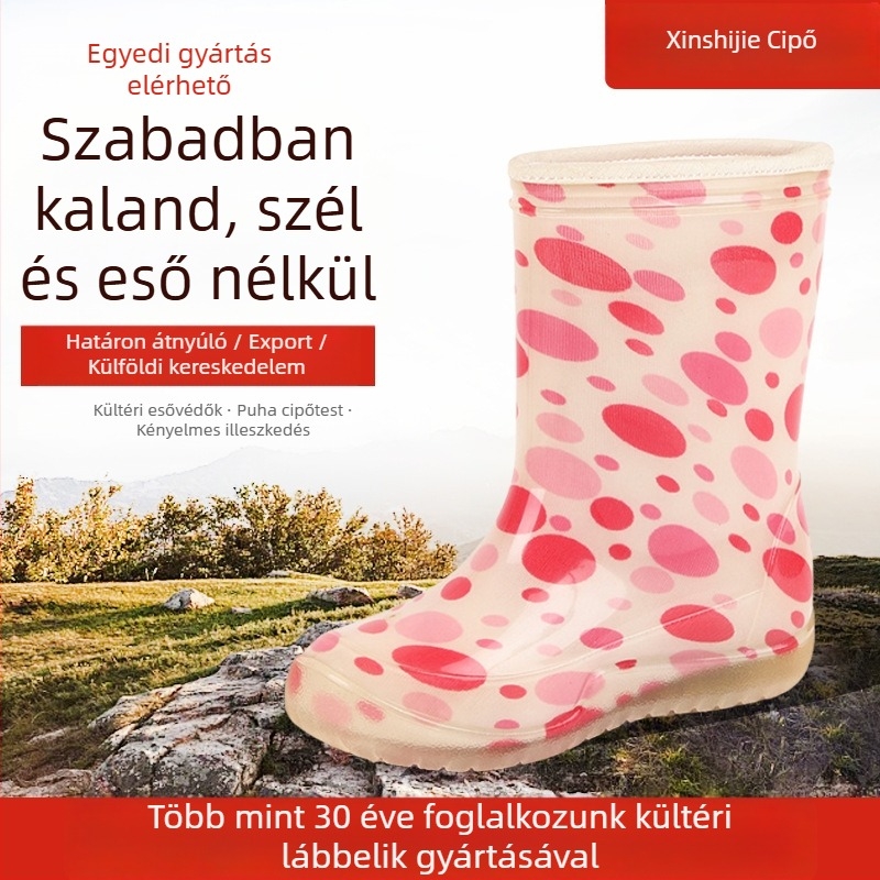 Gyerekeknek készült PVC esőcsizma, pöttyös mintával, rajzfilm-stílus, középmagas szár