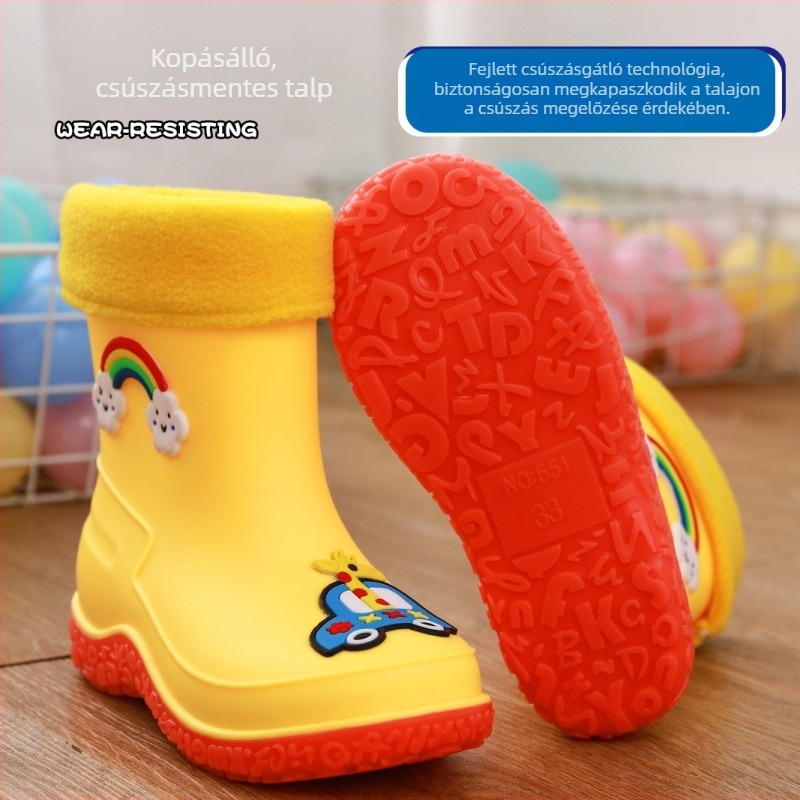 Gyerekek PVC esőcsizma, meleg fleece bélés, levehető bélés, csúszásmentes és vízálló, rajzfilm mintás, uniszex, 4–12 éveseknek