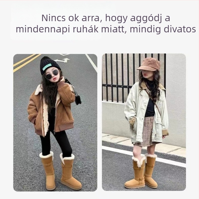 Lányoknak készült hócipő, bokát érő csizma, felső rész: szuédbőr, talp: TPR, 4–12 éveseknek, 2025-ös tél, retro stílus