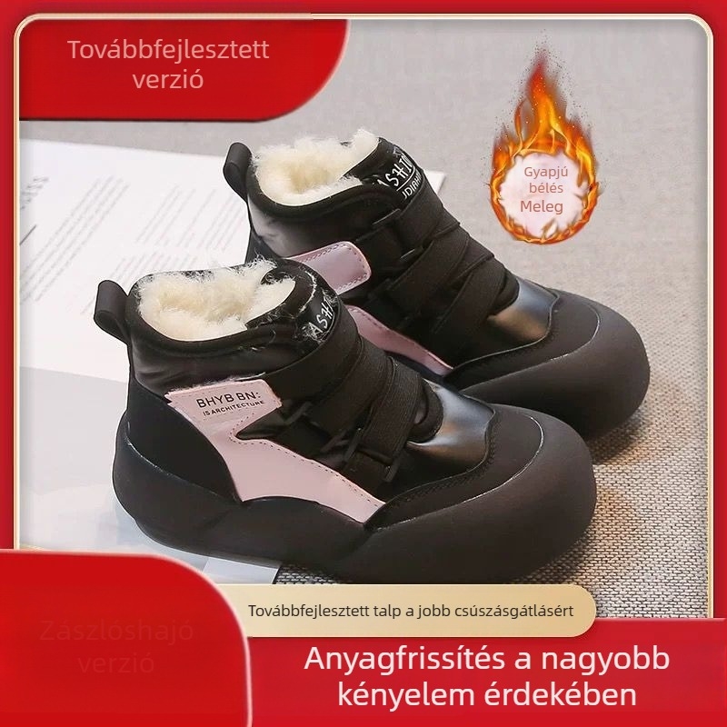 Gyerekek téli pamutcipői, koreai stílusú, vastag bélésű, puha talpú hócsizmák középmagas