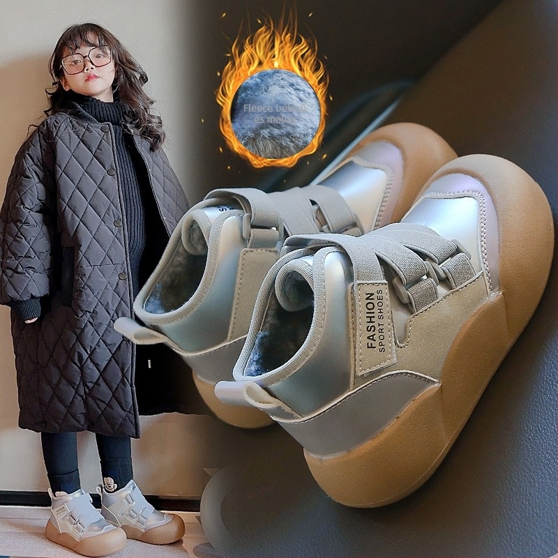 Gyerekeknek készült vastag, meleg fleece-béléses rövid csizma Velcro-zárással, őszi-téli 2024