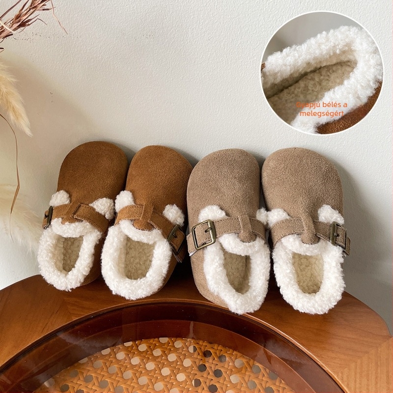 Gyerekek téli fleece-belelt mokaszín nubuk felsőrésszel, gumírozott talppal, Velcro-zárás, méretek 15-30