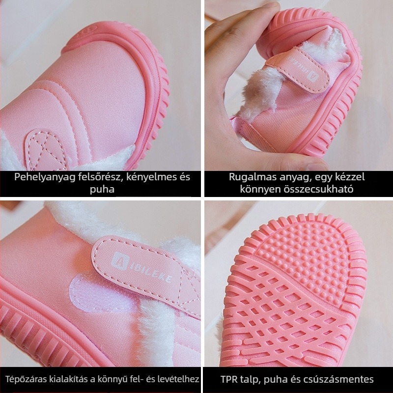 Gyerekeknek belső használatra készült pamut fleece béléses cipő, vászon felsőrész, Velcro-zárás, meleg téli cipő, vastag talp