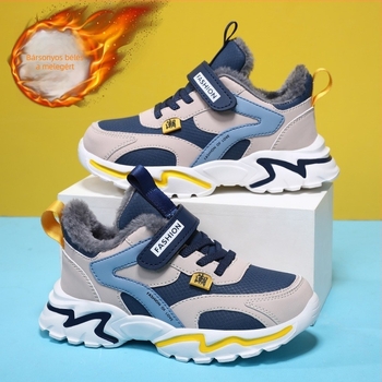 Gyerek téli sportcipők plüss bélésével, felsőrész szintetikus bőrből, Velcro zárás, EVA talp, vastag konstrukció, sportos stílus, téli 2025 kiadás