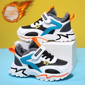 Gyerek téli sportcipők plüss bélésével, felsőrész szintetikus bőrből, Velcro zárás, EVA talp, vastag konstrukció, sportos stílus, téli 2025 kiadás