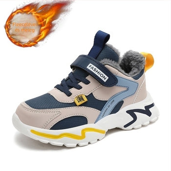 Gyerek téli sportcipők plüss bélésével, felsőrész szintetikus bőrből, Velcro zárás, EVA talp, vastag konstrukció, sportos stílus, téli 2025 kiadás