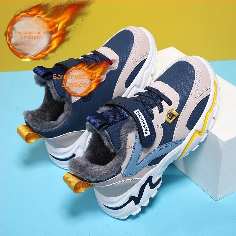 Gyerek téli sportcipők plüss bélésével, felsőrész szintetikus bőrből, Velcro zárás, EVA talp, vastag konstrukció, sportos stílus, téli 2025 kiadás
