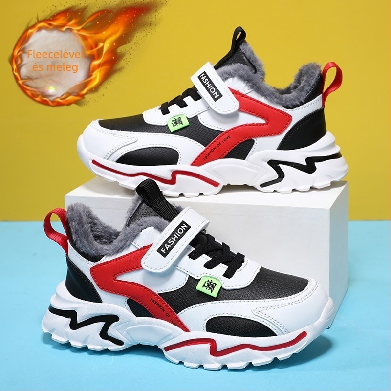 Gyerek téli sportcipők plüss bélésével, felsőrész szintetikus bőrből, Velcro zárás, EVA talp, vastag konstrukció, sportos stílus, téli 2025 kiadás