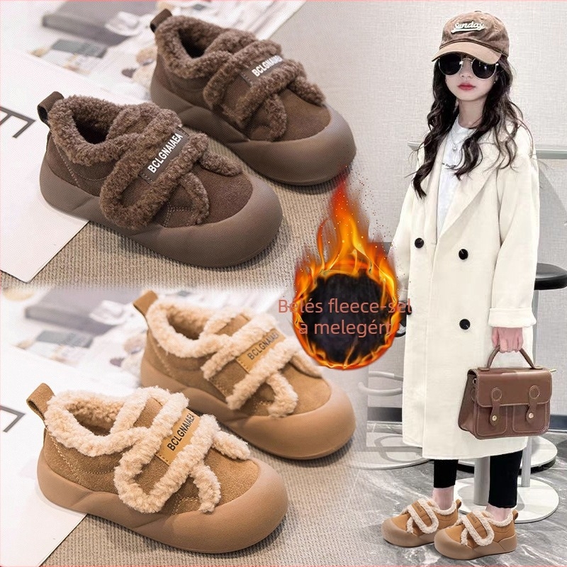Gyerekeknek készült vastag talpú kenyérszerű cipő, velúr felsőrész, gumitalp, fleece bélés, téli 2025