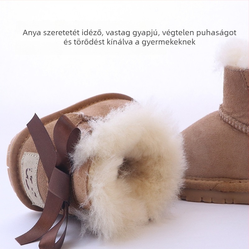 Gyerekeknek készült hócsizma juhbőrrel és beépített szőrmével, masni díszítéssel, meleg és vastag bélésű