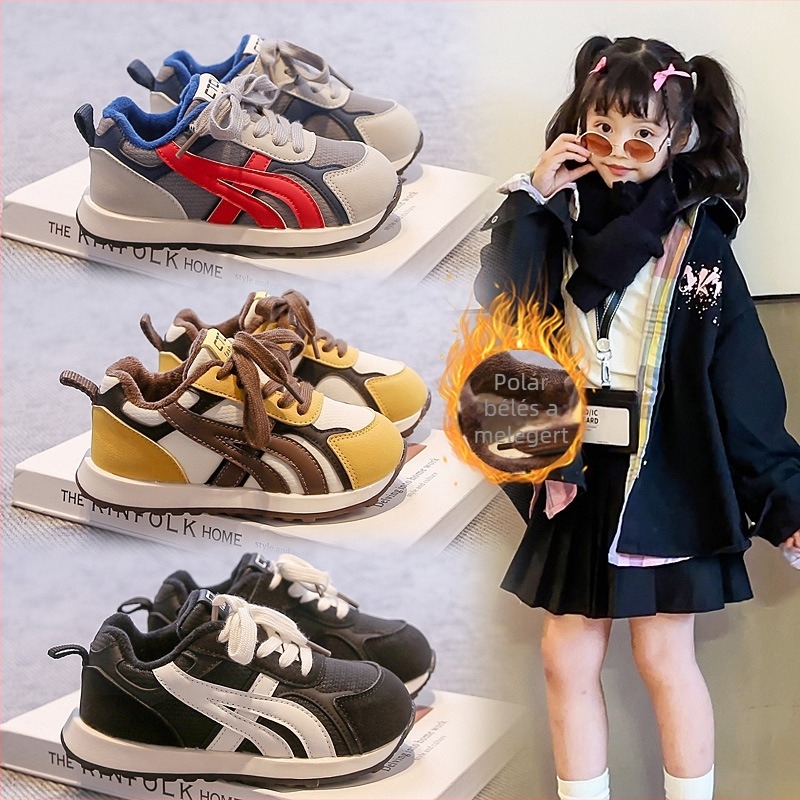 Uniszex gyerekeknek szóló edzőcipő, 4-12 éveseknek, felsőrész műbőr, TPR talp, vastagított kivitel, Velcro zárás, betű mintázat, 2025-ös tél