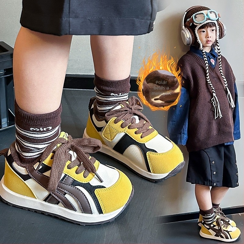 Uniszex gyerekeknek szóló edzőcipő, 4-12 éveseknek, felsőrész műbőr, TPR talp, vastagított kivitel, Velcro zárás, betű mintázat, 2025-ös tél