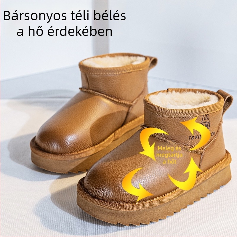 Gyerekeknek tervezett bokacipő, vízálló bőrfelső, uniszex, meleg bélés, 4–16 éveseknek, téli–ősz