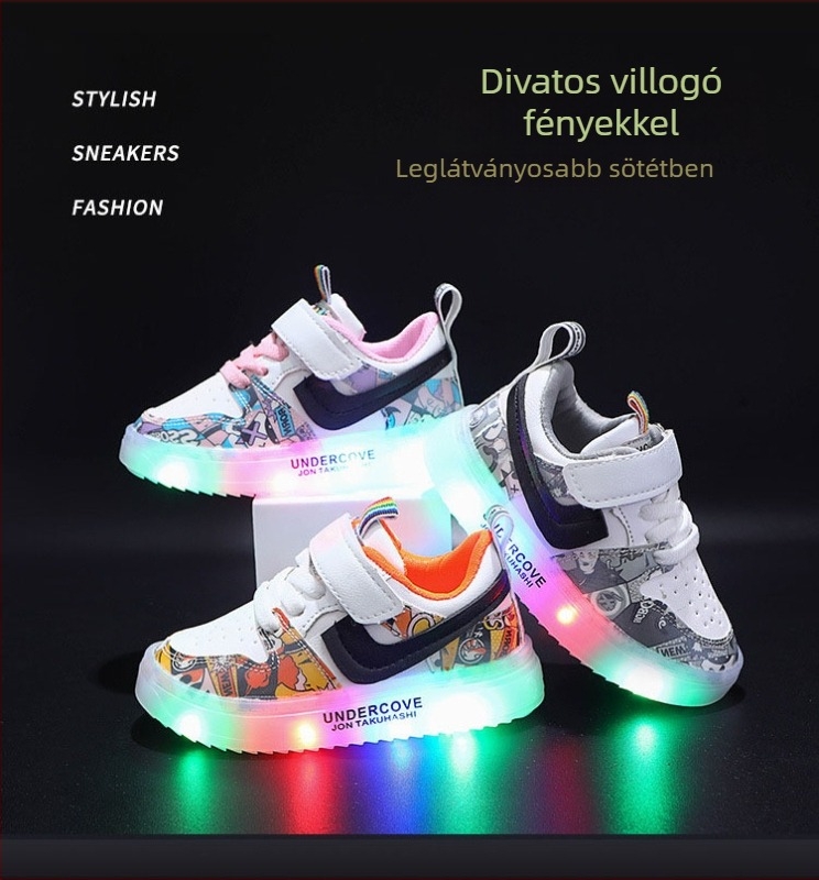Világító gyerekcipő kamufláz mintával, légáteresztő PU felsőrész, Velcro-zárás, gumírozott talp