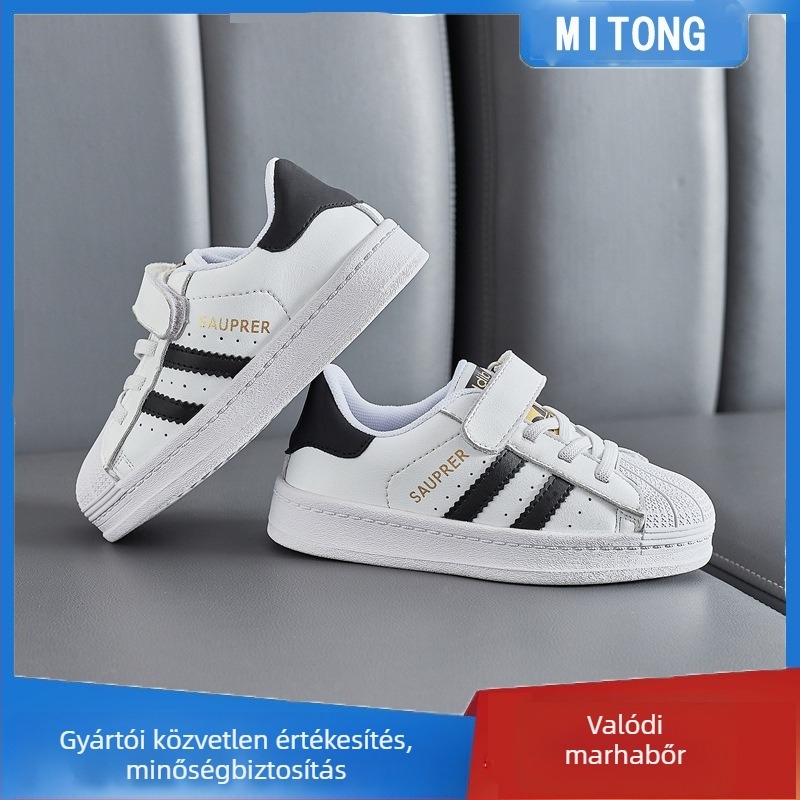 Uniszex gyermekcipő természetes bőrből, Shell-Toe orr, Velcro zárás, gumi talp, csíkos mintázat, vízálló és kopásálló