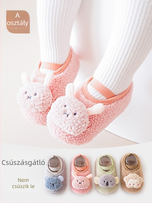 Őszi–téli vastagított babacipő és zokni, puha talppal, csúszásmentes, a járás előkészítéséhez, 0–6 hónapos