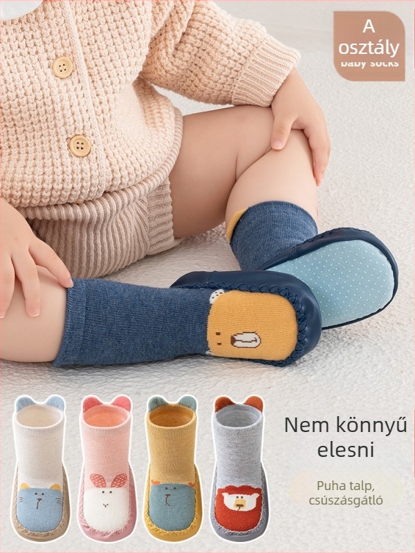 Gyermekeknek készített kötött csúszásmentes zokni, uniszex, lélegző comb pamut, jacquard kötés, rajzfilmszerű minta