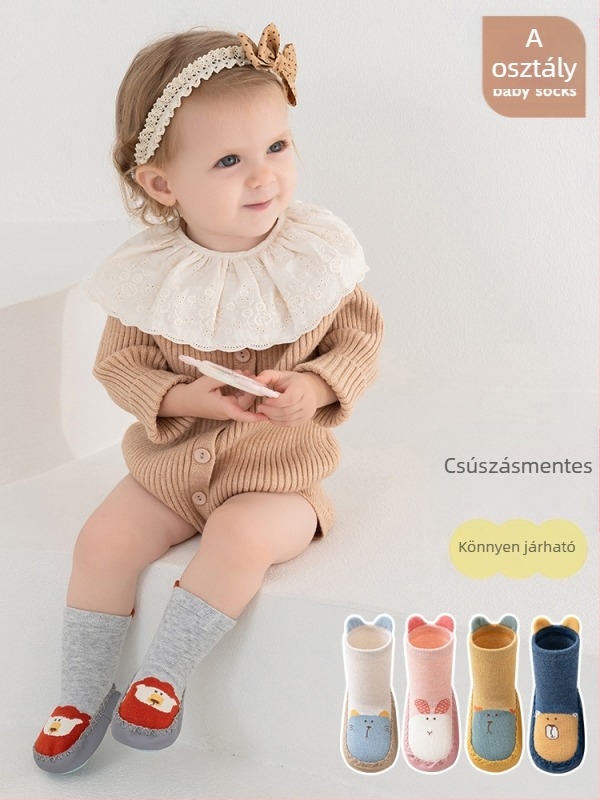 Gyermekeknek készített kötött csúszásmentes zokni, uniszex, lélegző comb pamut, jacquard kötés, rajzfilmszerű minta