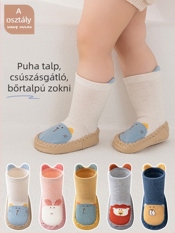 Gyermekeknek készített kötött csúszásmentes zokni, uniszex, lélegző comb pamut, jacquard kötés, rajzfilmszerű minta