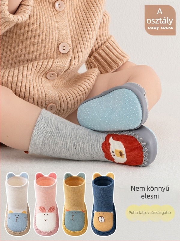 Gyermekeknek készített kötött csúszásmentes zokni, uniszex, lélegző comb pamut, jacquard kötés, rajzfilmszerű minta