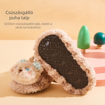 Csecsemő padlószokni ősz–télre, vastag, belső használatra, csúszásmentes talppal és puha talppal, 1–3 éveseknek.