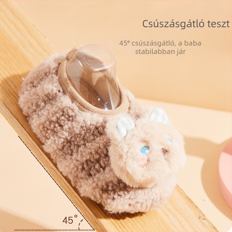 Csecsemő padlószokni ősz–télre, vastag, belső használatra, csúszásmentes talppal és puha talppal, 1–3 éveseknek.