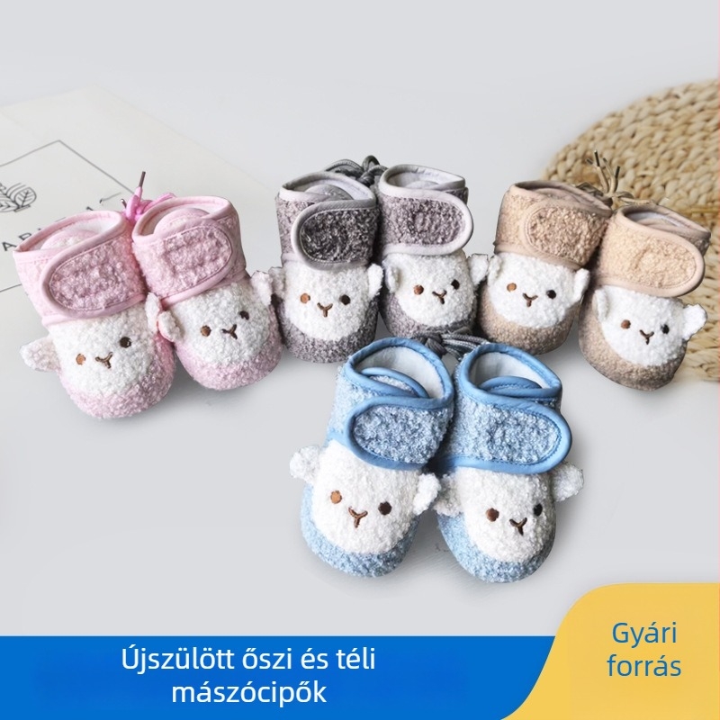Puha talpú babacipő tavasz–ősz, 0-18 hónap, pamut, állatmintás, Velcro pántos, csúszásmentes talppal