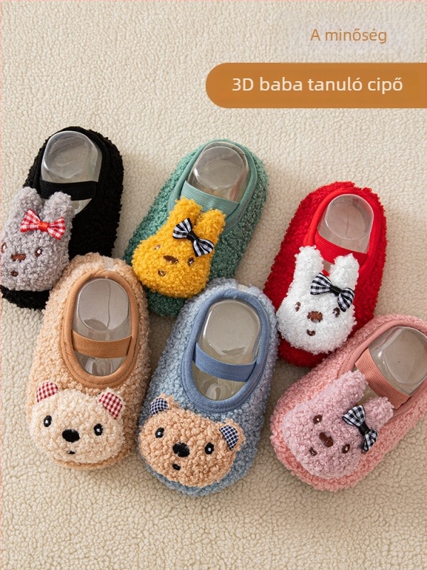 Babák beltéri padlós zoknik gyermekeknek tanulócipőkhöz, fleece bélés, vastag, csúszásmentes, puha talpú, ősz-tél