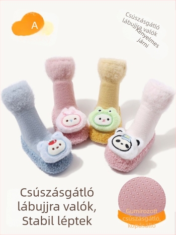 Baba padlószárú csúszásmentes zokni beltéri, meleg, rajzfilm mintával, 0–3 éves korig