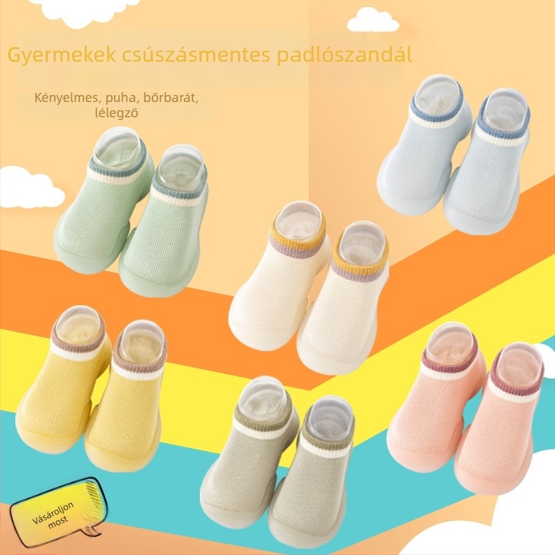 Gyerekeknek készült padlós zokni-papucs, légáteresztő, csúszásmentes talppal, 82% pamut, uniszex, tavasz–ősz