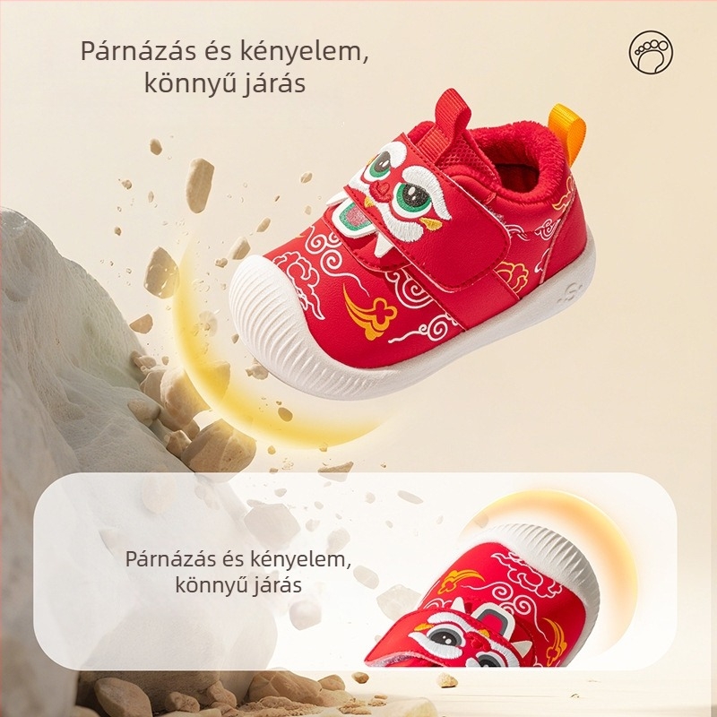 Téli gyerekcipő 12–36 hónaposoknak, piros, fleece belső, Velcro zárás, rajzfilm mintázat