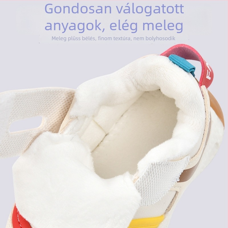 0–3 éves babacipő, meleg fleece bélés, csúszásmentes puha talp, alacsony top, Velcro-zár, kartún mintával