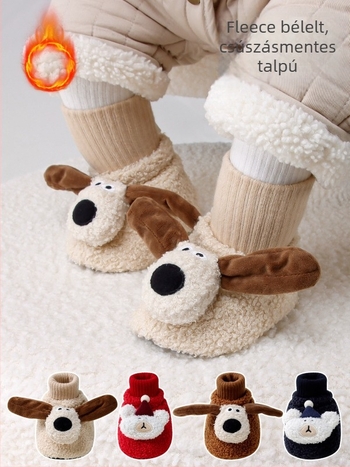 Gyerekeknek szánt zokni és cipők fleece töltéssel, őszi-téli időszakra, csúszásmentes, puha talp, karikatúra Jacquard mintával, 100% poliészter