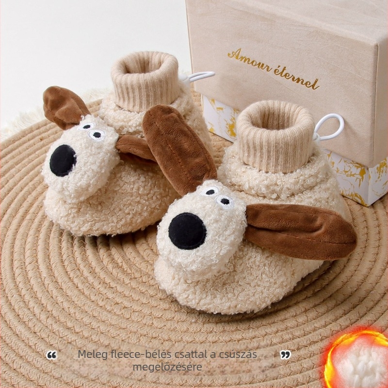 Gyerekeknek szánt zokni és cipők fleece töltéssel, őszi-téli időszakra, csúszásmentes, puha talp, karikatúra Jacquard mintával, 100% poliészter